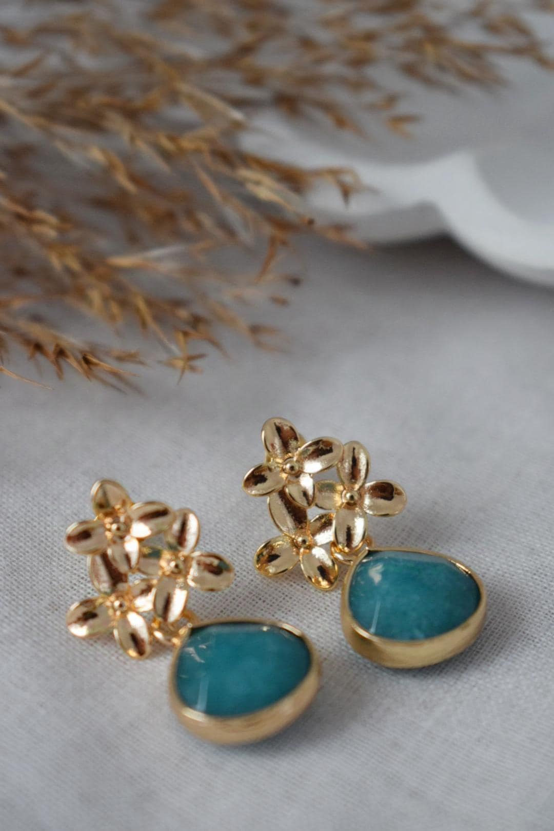 Turquoise Jade Stud Earrings Dangle, Teardrop Gemstone Earrings, 18K Gold Flower Stud, Unique Handmade Boho Jewelry, Mother's Day Gift