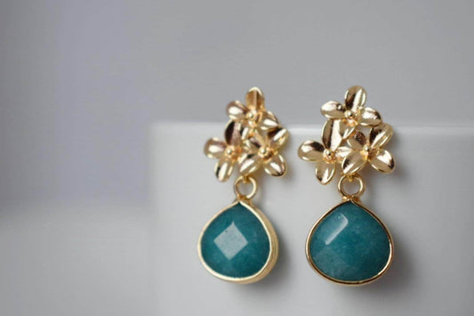 Turquoise Jade Stud Earrings Dangle, Teardrop Gemstone Earrings, 18K Gold Flower Stud, Unique Handmade Boho Jewelry, Mother's Day Gift