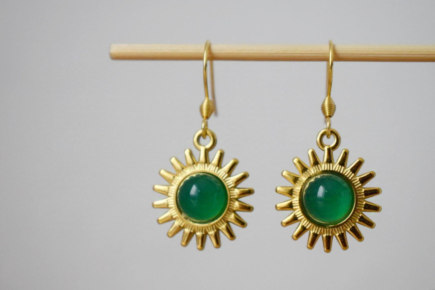 Sun earrings, Green agate earrings, Gemstone earrings, Sun rays, Sunburst, Celestial, Gold plated glowing jewelry, Christmas gift for her