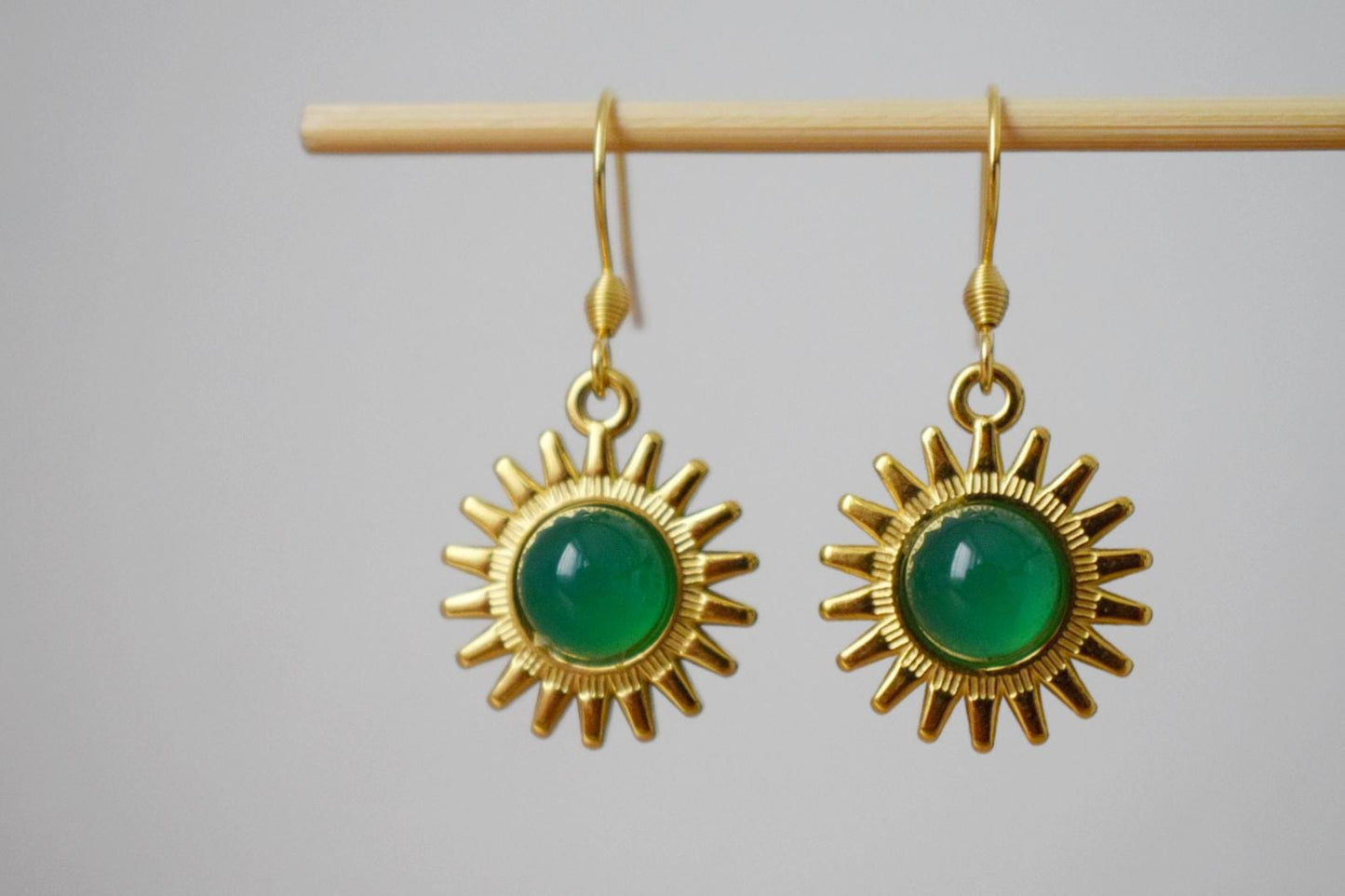 Sun earrings, Green agate earrings, Gemstone earrings, Sun rays, Sunburst, Celestial, Gold plated glowing jewelry, Christmas gift for her