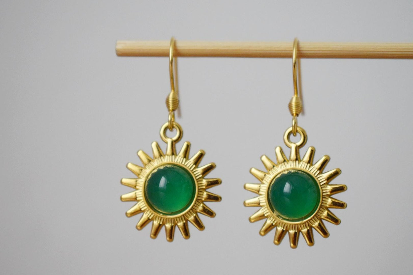 Sun earrings, Green agate earrings, Gemstone earrings, Sun rays, Sunburst, Celestial, Gold plated glowing jewelry, Christmas gift for her