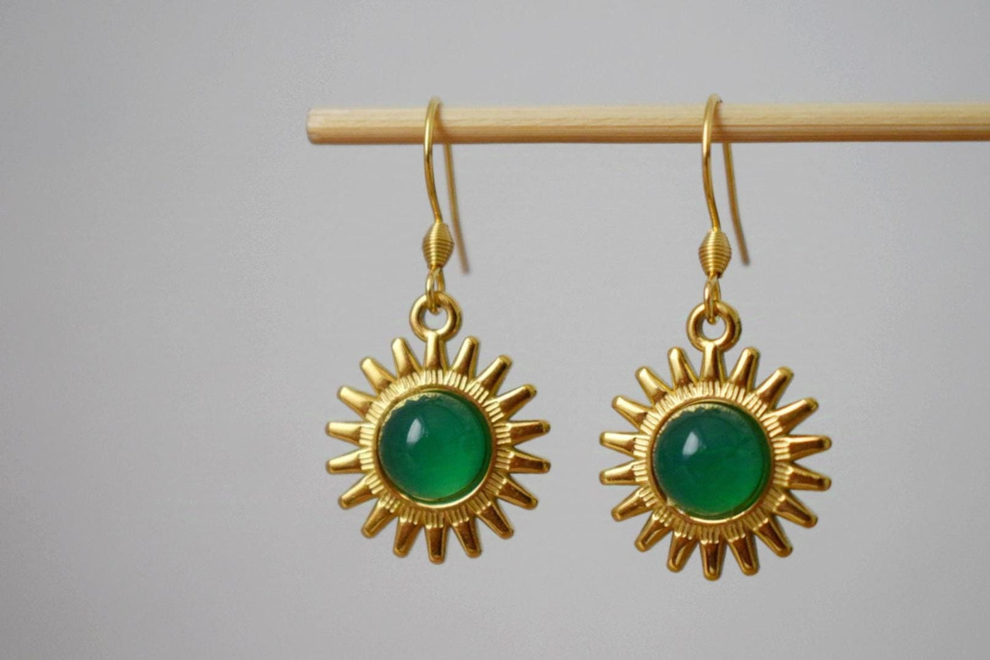 Sun earrings, Green agate earrings, Gemstone earrings, Sun rays, Sunburst, Celestial, Gold plated glowing jewelry, Christmas gift for her