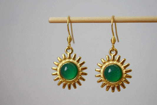 Sun earrings, Green agate earrings, Gemstone earrings, Sun rays, Sunburst, Celestial, Gold plated glowing jewelry, Christmas gift for her