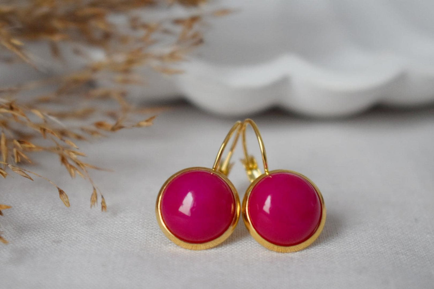 Pink Jade Earrings, Edelstein Round Earrings, Magenta Earrings, 12mm Lever Back Earrings, Stainless Steel, Jade Gold Jewelry, Gift For Her