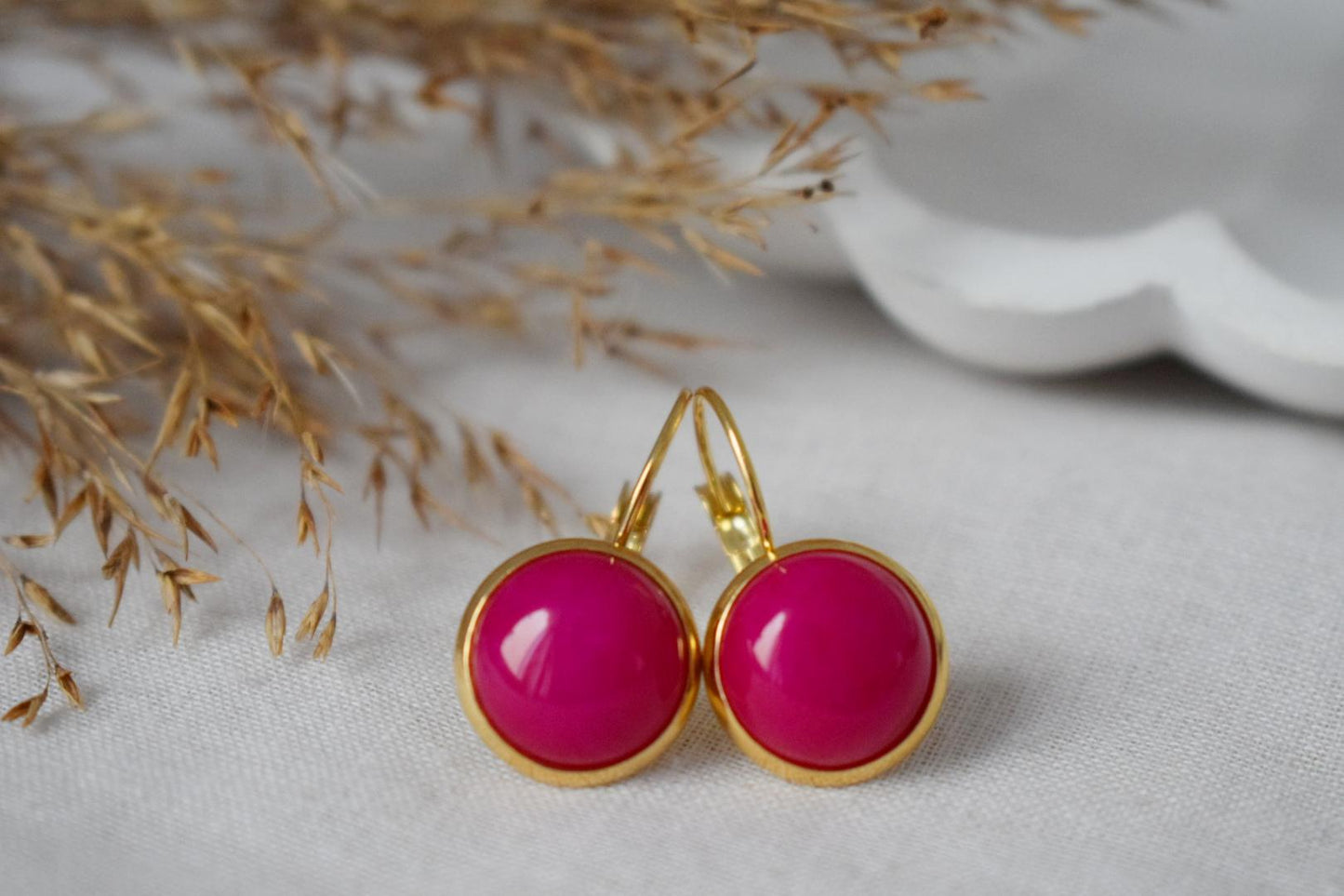 Pink Jade Earrings, Edelstein Round Earrings, Magenta Earrings, 12mm Lever Back Earrings, Stainless Steel, Jade Gold Jewelry, Gift For Her