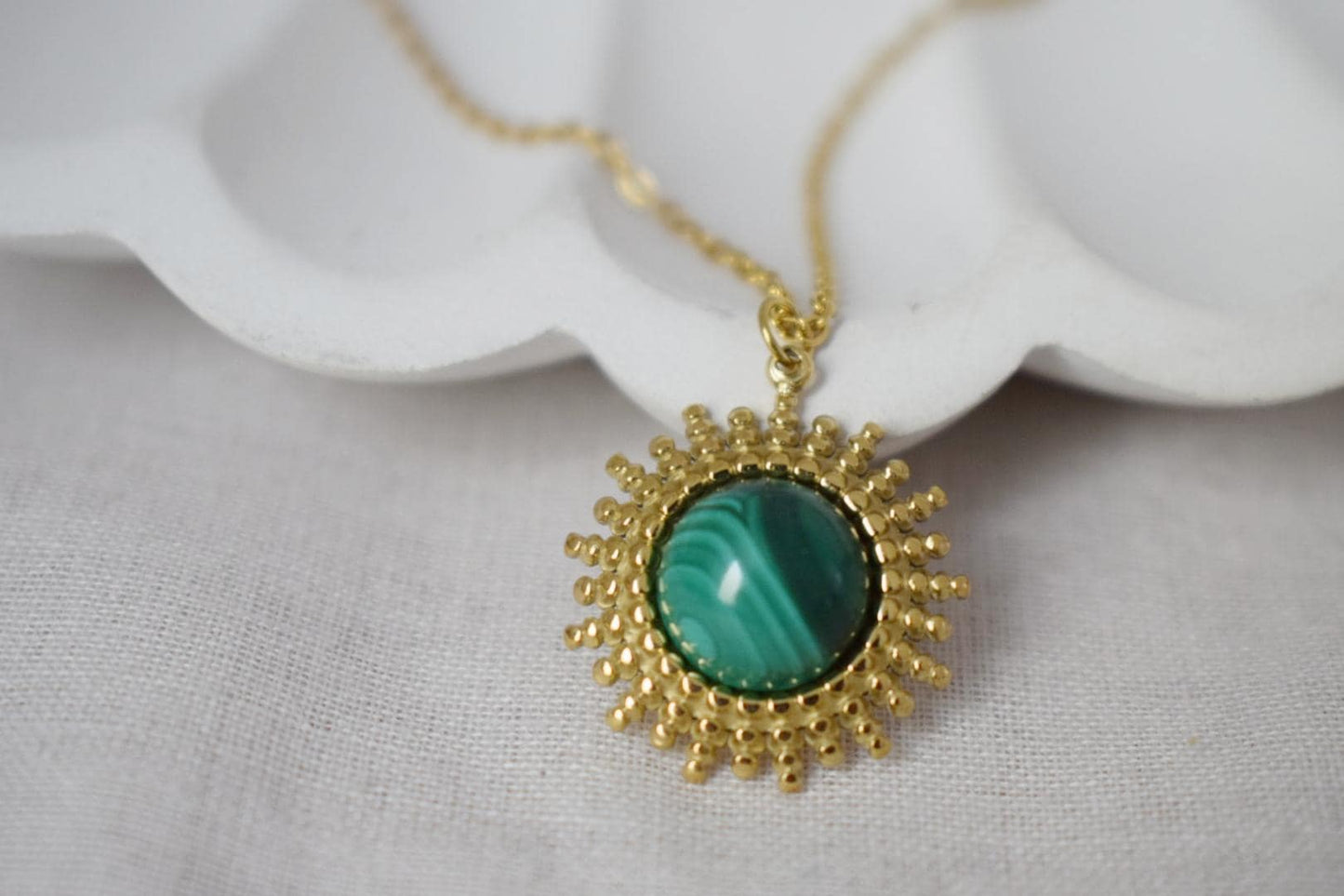 Malachite Necklace, Green Natural Stone, Mother's day gift, Sun Pendant, Adjustable Chain, Handmade Jewelry, Unique Gift for Her