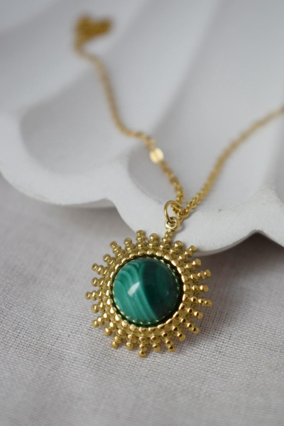 Malachite Necklace, Green Natural Stone, Mother's day gift, Sun Pendant, Adjustable Chain, Handmade Jewelry, Unique Gift for Her