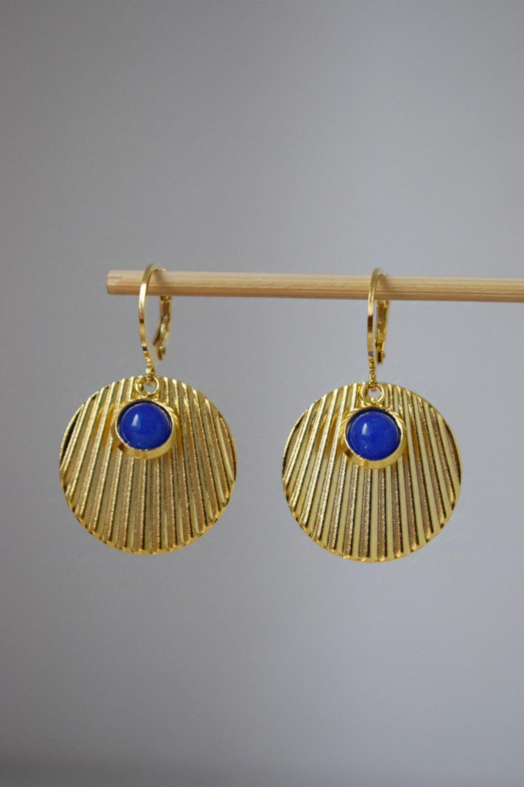 Blue jade earrings, Round disc earrings, 24k gold plated stainless steel earrings, Lightweight jewelry, Best christmas gift for her