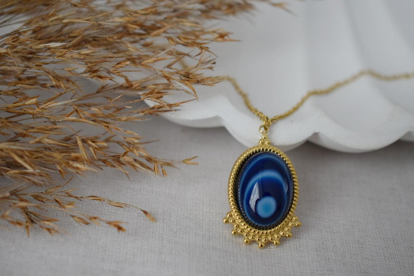 Blue Agate Necklace Gold, Oval Gemstone Victorian Necklace For Women, Unique Pendant, Stone Statement Necklace, Agate Jewelry, Gift For Her
