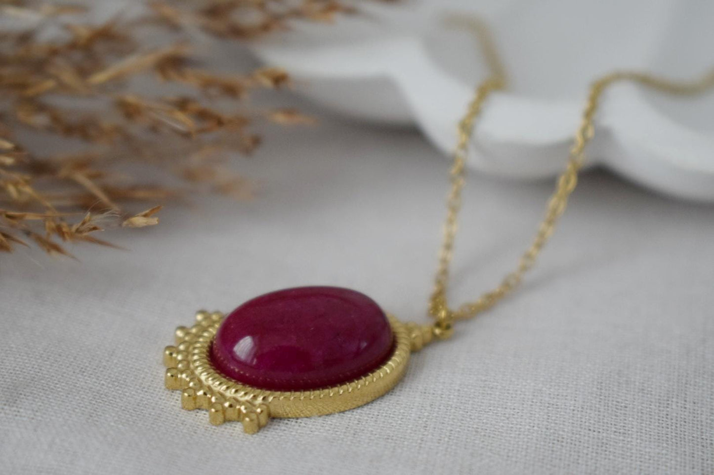 Magenta Red Jade Necklace Gold, Oval Gemstone Victorian Necklace For Women, Unique Pendant, Statement Necklace, Jewelry Gift For Her