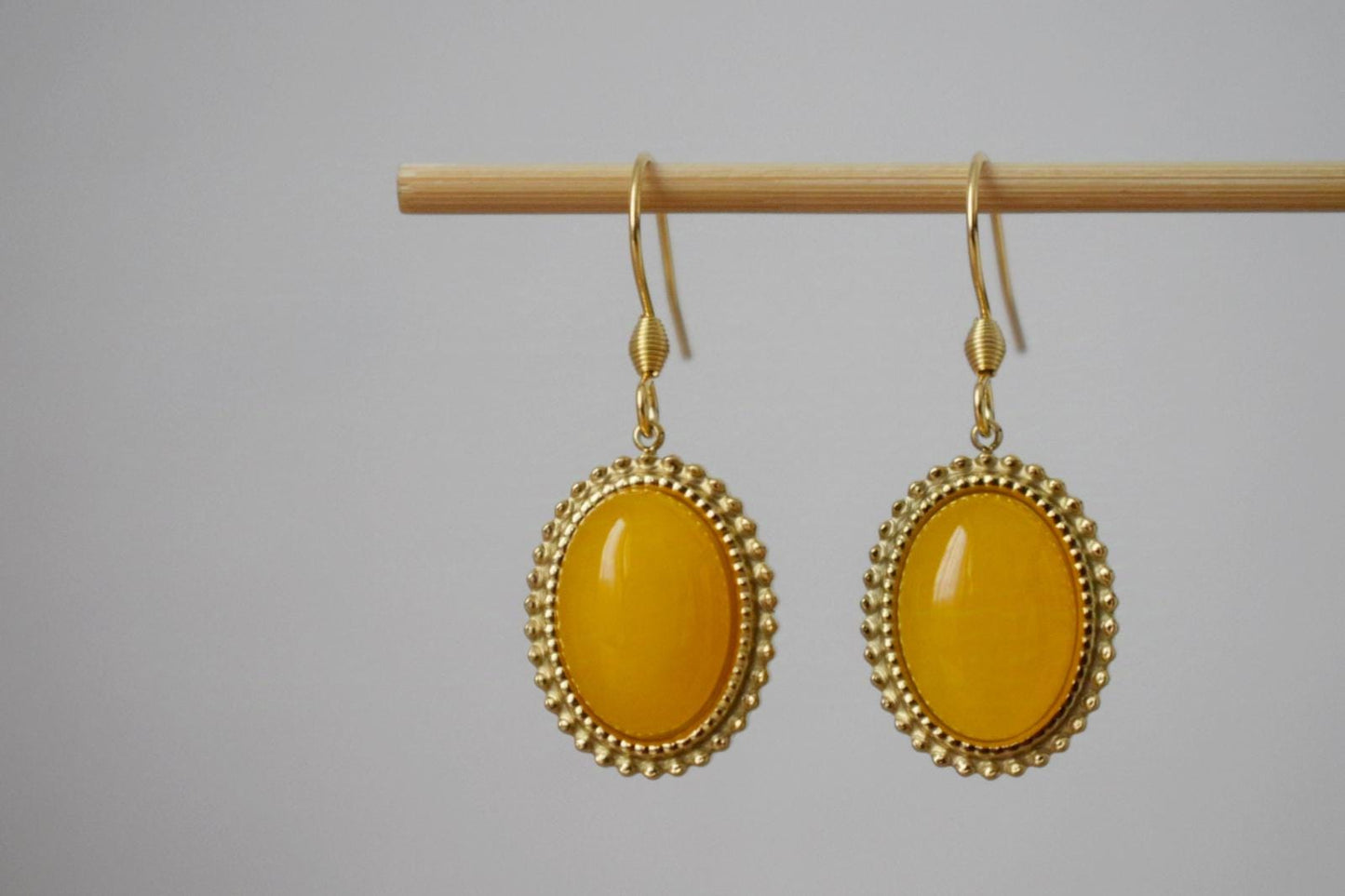 Yellow jade earrings, Oval gemstone dangle earrings, Boho chic earrings, Ornament jewelry, Unique gift for her
