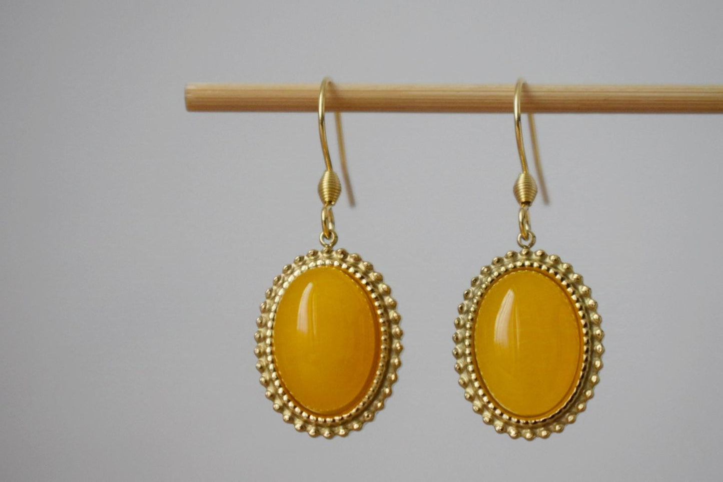 Yellow jade earrings, Oval gemstone dangle earrings, Boho chic earrings, Ornament jewelry, Unique gift for her