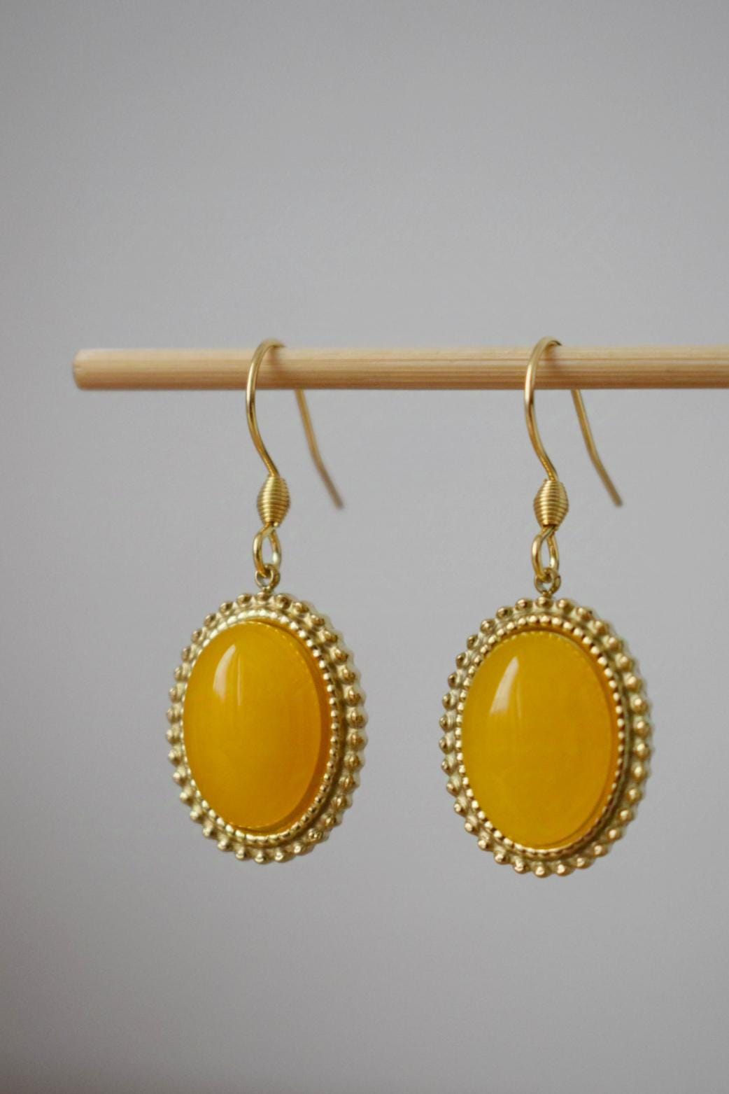 Yellow jade earrings, Oval gemstone dangle earrings, Boho chic earrings, Ornament jewelry, Unique gift for her