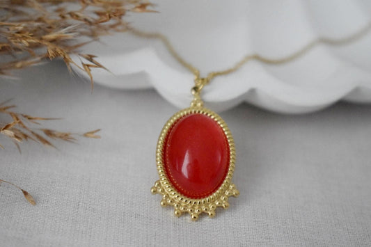 Red Jade Necklace Gold, Oval Gemstone Victorian Necklace For Women, Unique Pendant, Statement Necklace, Jewelry Gift For Her