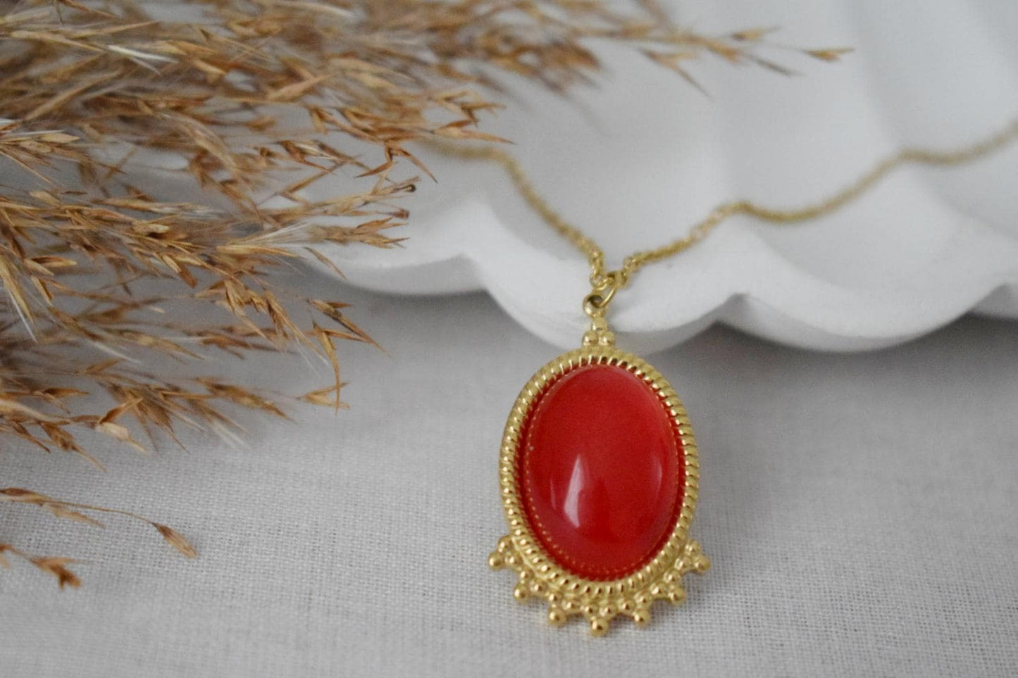 Red Jade Necklace Gold, Oval Gemstone Victorian Necklace For Women, Unique Pendant, Statement Necklace, Jewelry Gift For Her