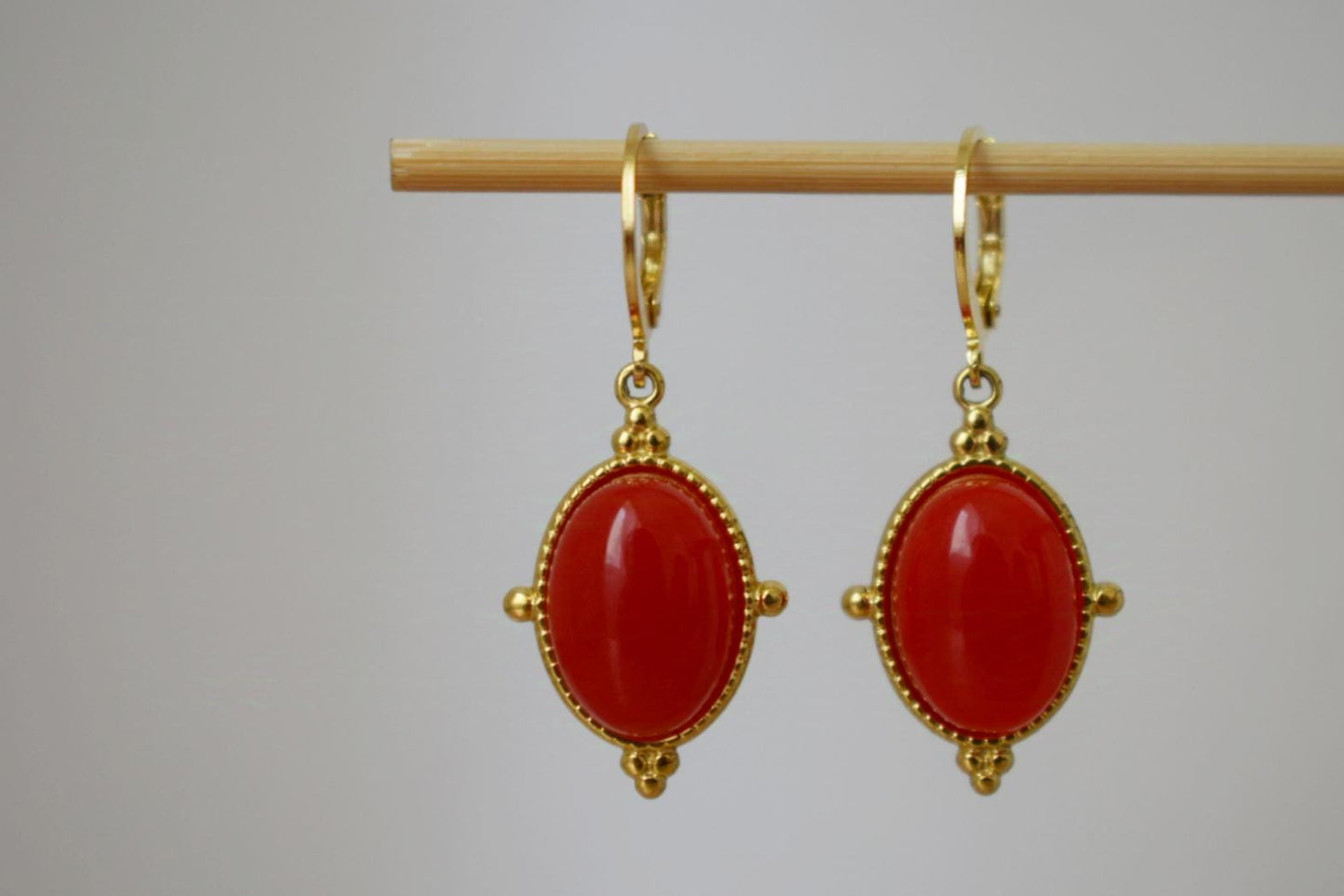 Red jade earrings, Oval gemstone dangle earrings, Boho chic earrings, Ornament jewelry, Unique gift for her
