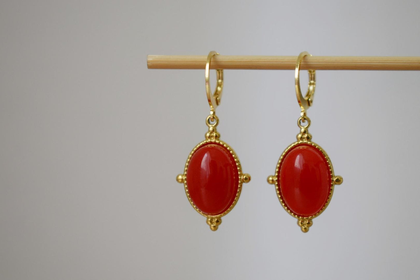 Red jade earrings, Oval gemstone dangle earrings, Boho chic earrings, Ornament jewelry, Unique gift for her