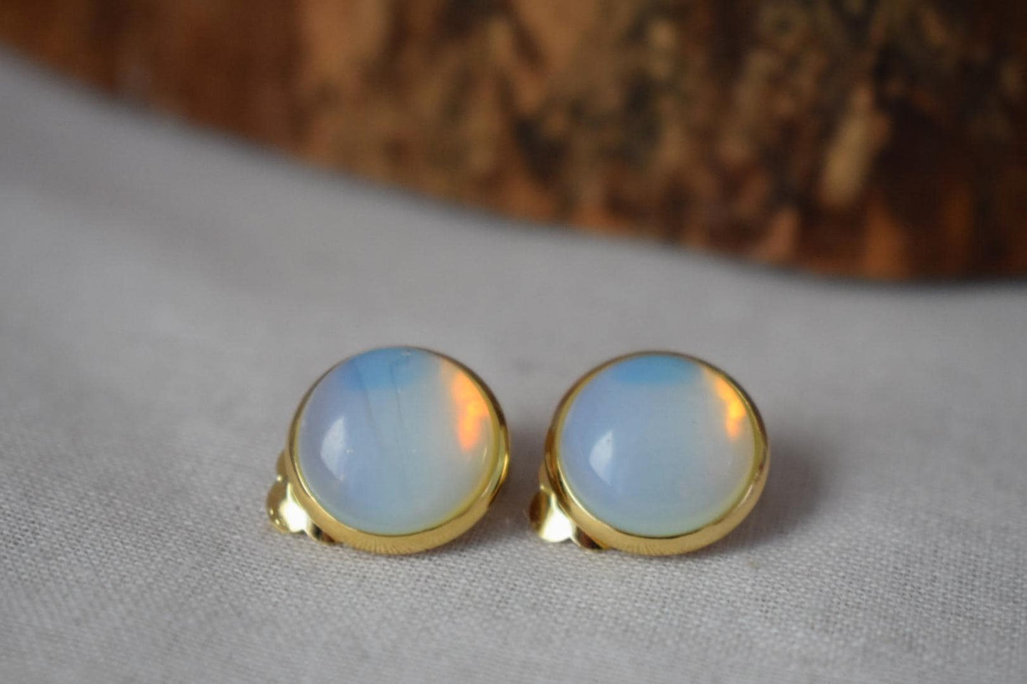 Opalite clip on earrings gold for women, Moonstone earrings, No hole earrings, Gemstone ear clips, Rainbow, Bridesmaid jewelry, Gift for her