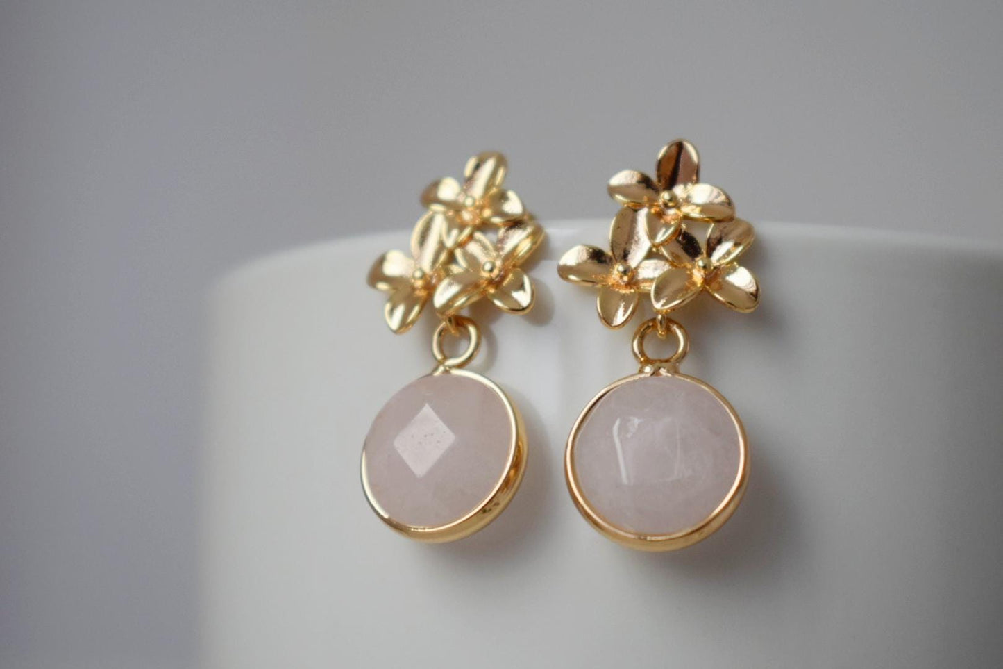 Natural Rose Quartz Earrings, 18K Gemstone Gold Flower Dangle Stud Earrings, Modern Earrings, Handmade Boho Jewelry, Unique Mothers Day Gift