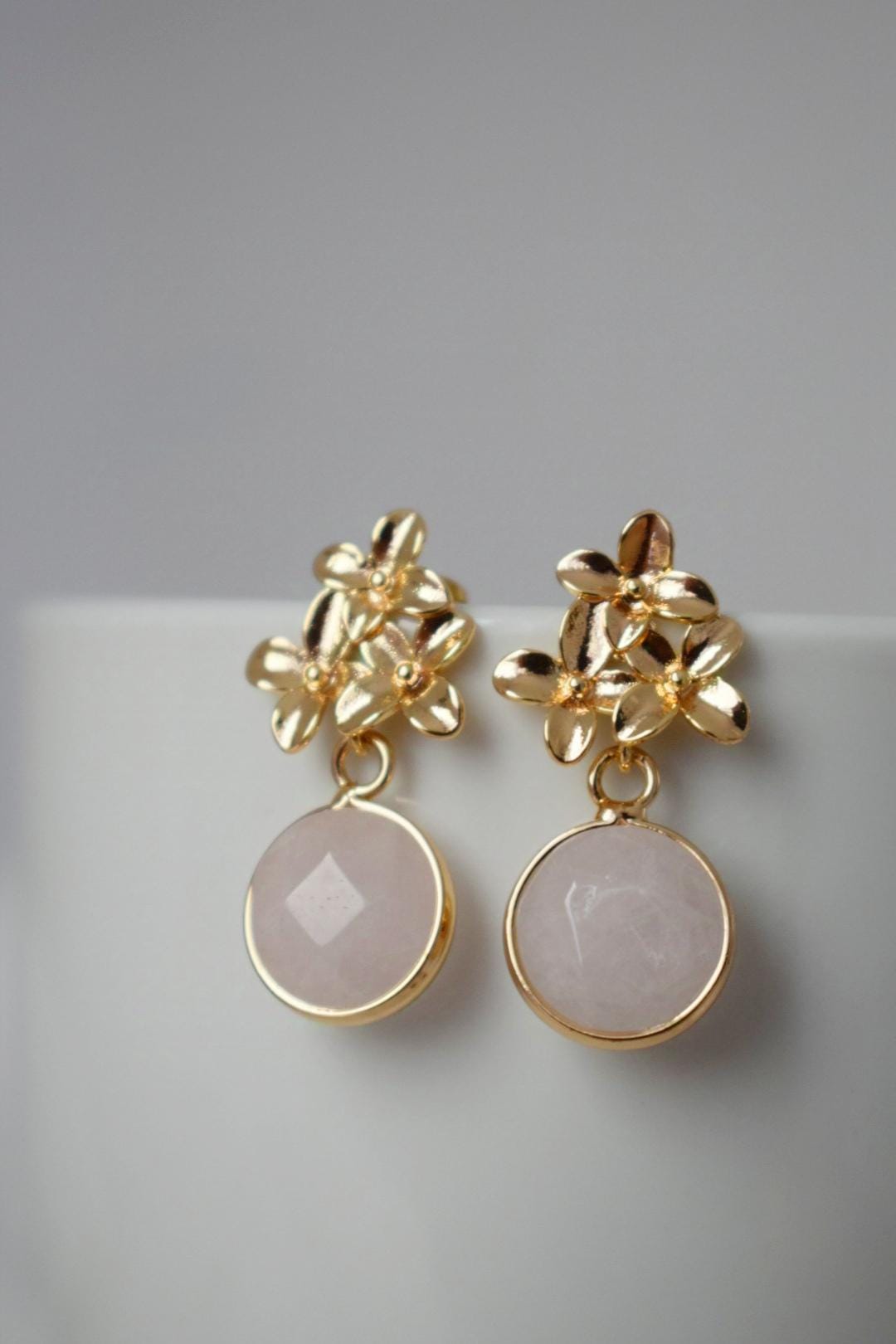 Natural Rose Quartz Earrings, 18K Gemstone Gold Flower Dangle Stud Earrings, Modern Earrings, Handmade Boho Jewelry, Unique Mothers Day Gift