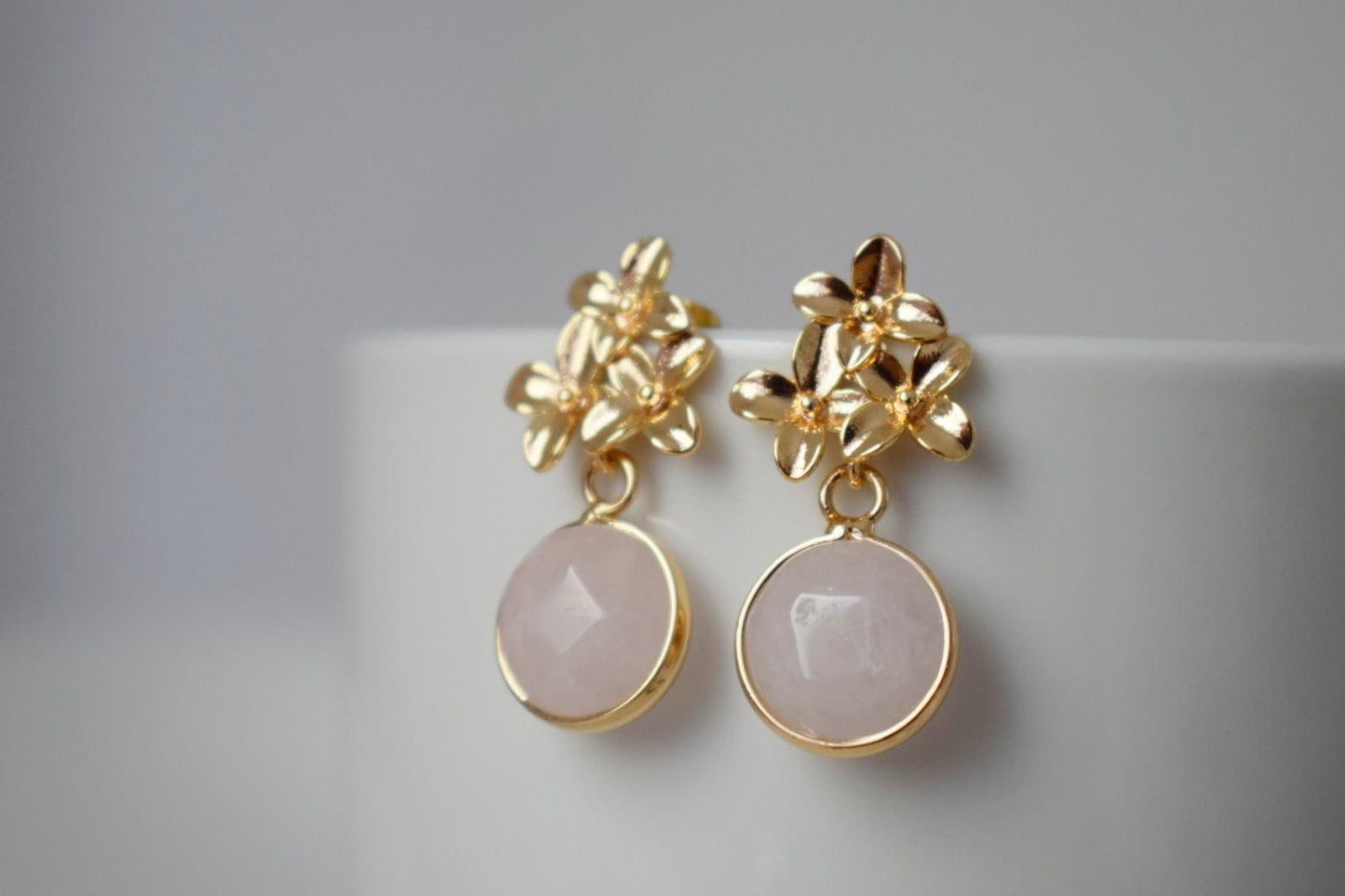 Natural Rose Quartz Earrings, 18K Gemstone Gold Flower Dangle Stud Earrings, Modern Earrings, Handmade Boho Jewelry, Unique Mothers Day Gift