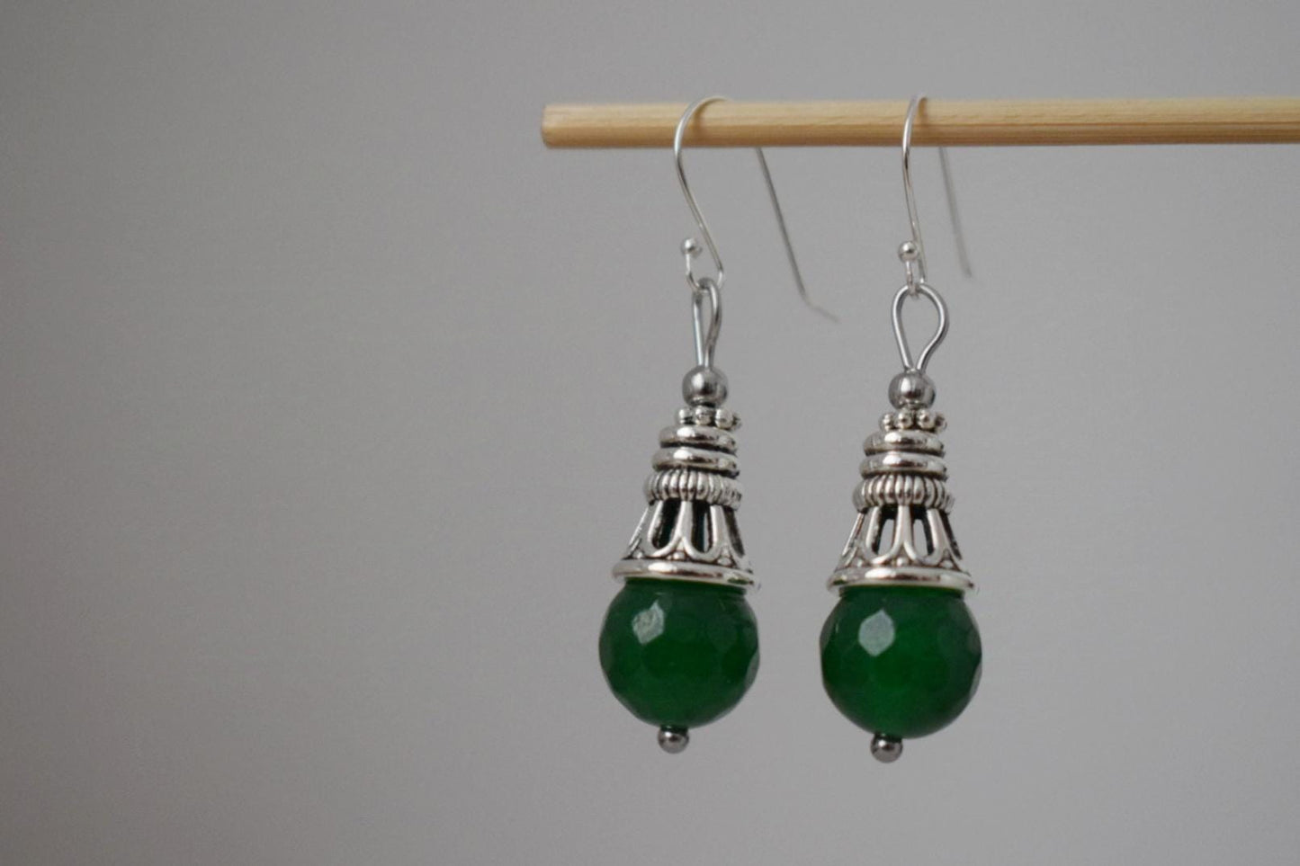 Green jade teardrop earrings with sterling silver hooks, Vintage dangle and drop gemstone earrings, Boho jewelry, Unique gift for women