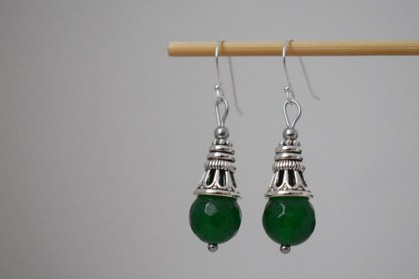 Green jade teardrop earrings with sterling silver hooks, Vintage dangle and drop gemstone earrings, Boho jewelry, Unique gift for women