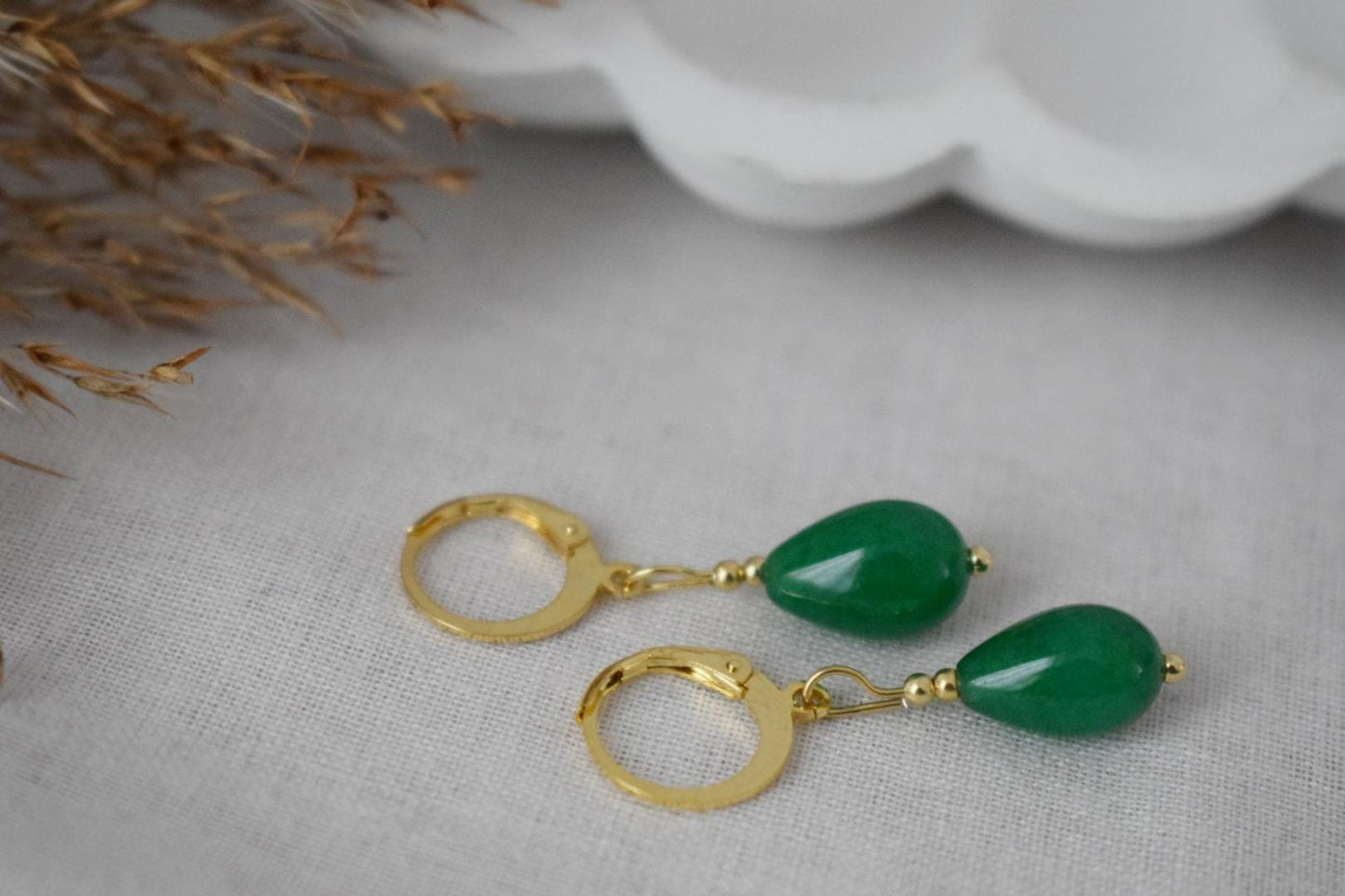 Green jade teardrop earrings, Small huggies with drop gemstone, Gold hoops green stone, Pearl hanging earrings, Unique Gift for her
