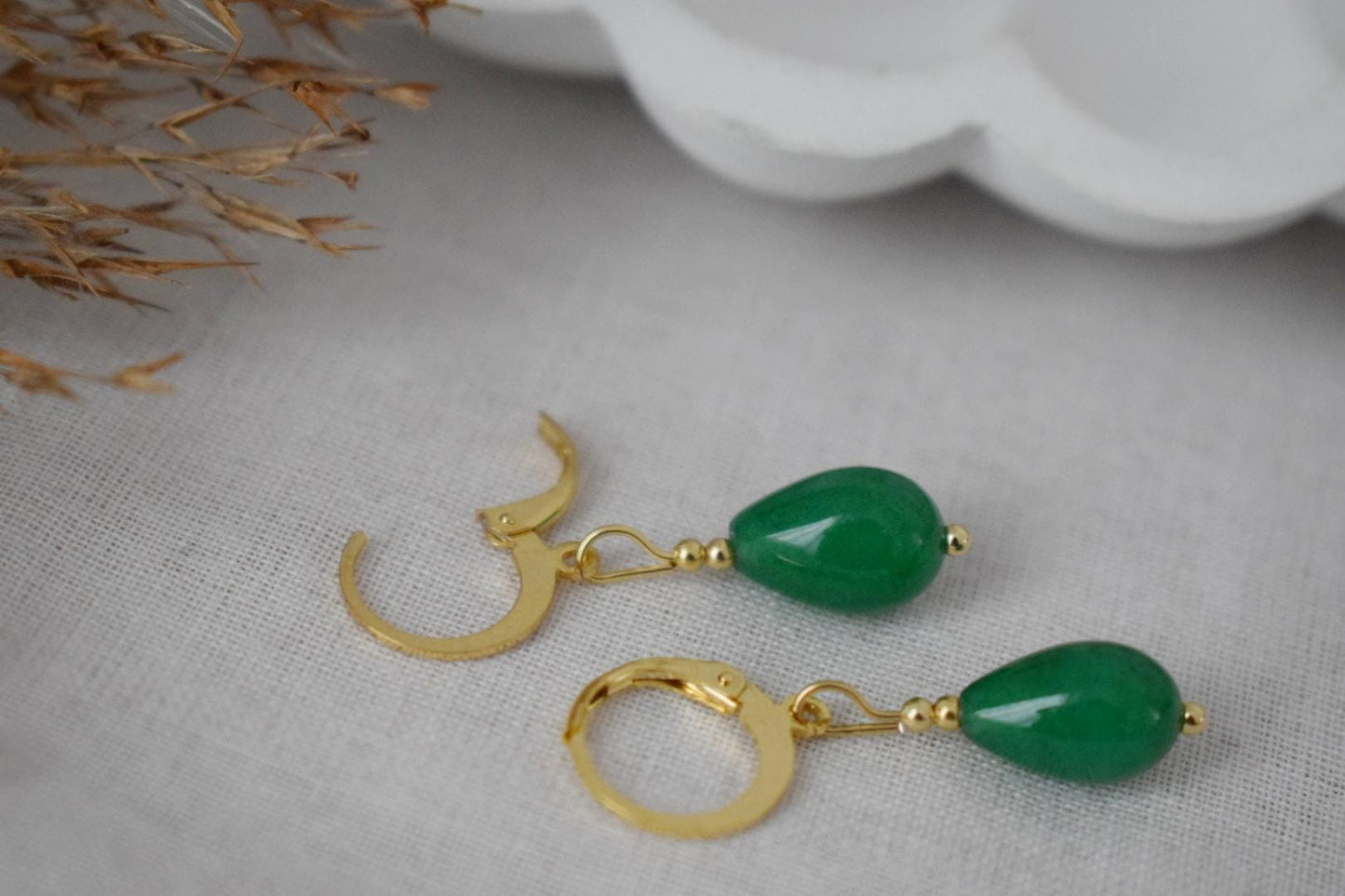 Green jade teardrop earrings, Small huggies with drop gemstone, Gold hoops green stone, Pearl hanging earrings, Unique Gift for her