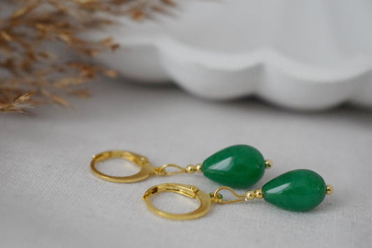 Green jade teardrop earrings, Small huggies with drop gemstone, Gold hoops green stone, Pearl hanging earrings, Unique Gift for her