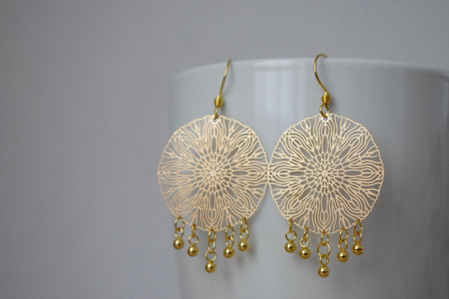 Ornament earrings for women, Mandala gold earrings, Stainless steel earrings, Boho filigree gold earrings, Mandala jewelry, Gift for her