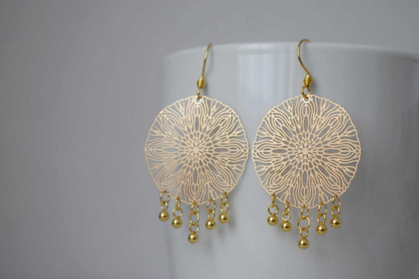 Ornament earrings for women, Mandala gold earrings, Stainless steel earrings, Boho filigree gold earrings, Mandala jewelry, Gift for her