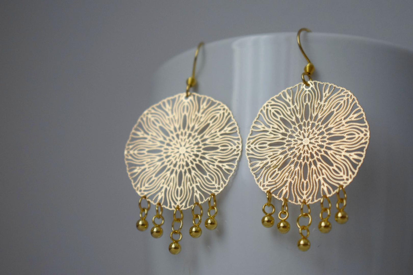 Ornament earrings for women, Mandala gold earrings, Stainless steel earrings, Boho filigree gold earrings, Mandala jewelry, Gift for her
