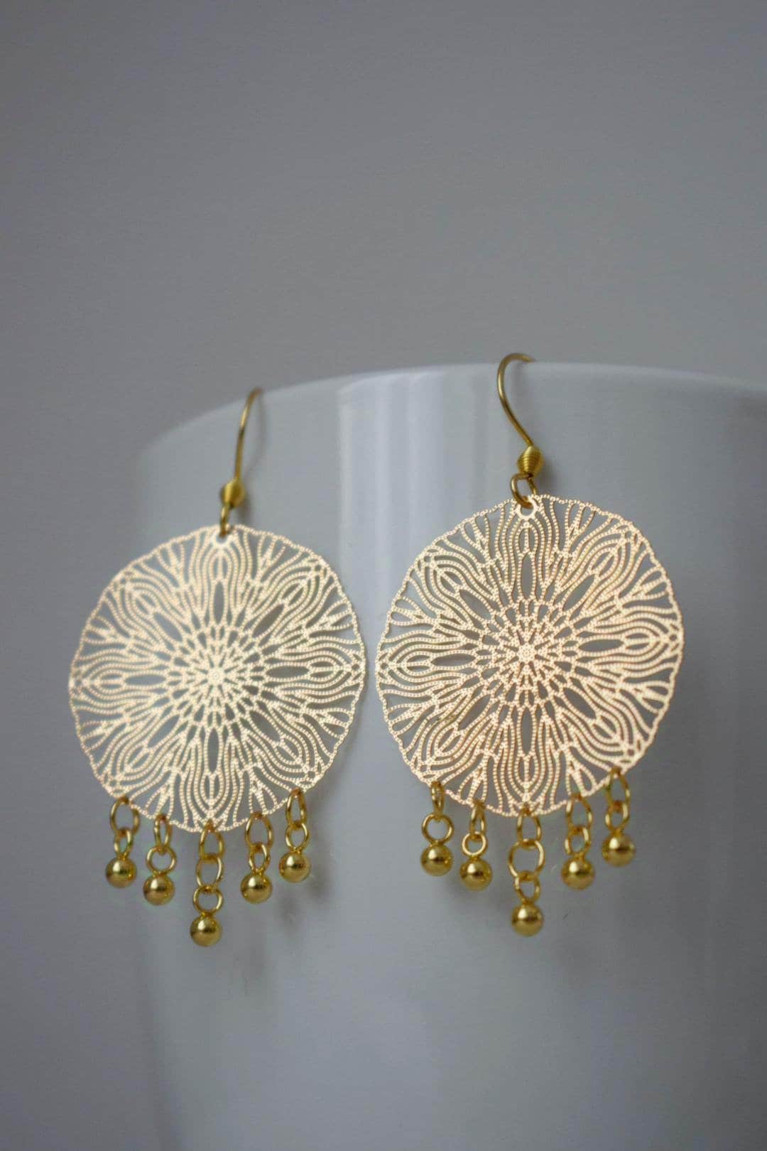 Ornament earrings for women, Mandala gold earrings, Stainless steel earrings, Boho filigree gold earrings, Mandala jewelry, Gift for her
