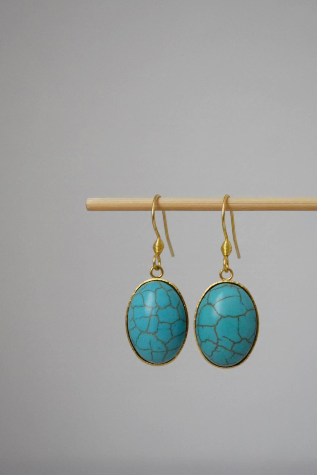 Turquoise Earrings Gold, Oval Blue Gemstone Hangings, Boho Dangle Earrings For Women, Unique Jewelry, Best Gift For Her