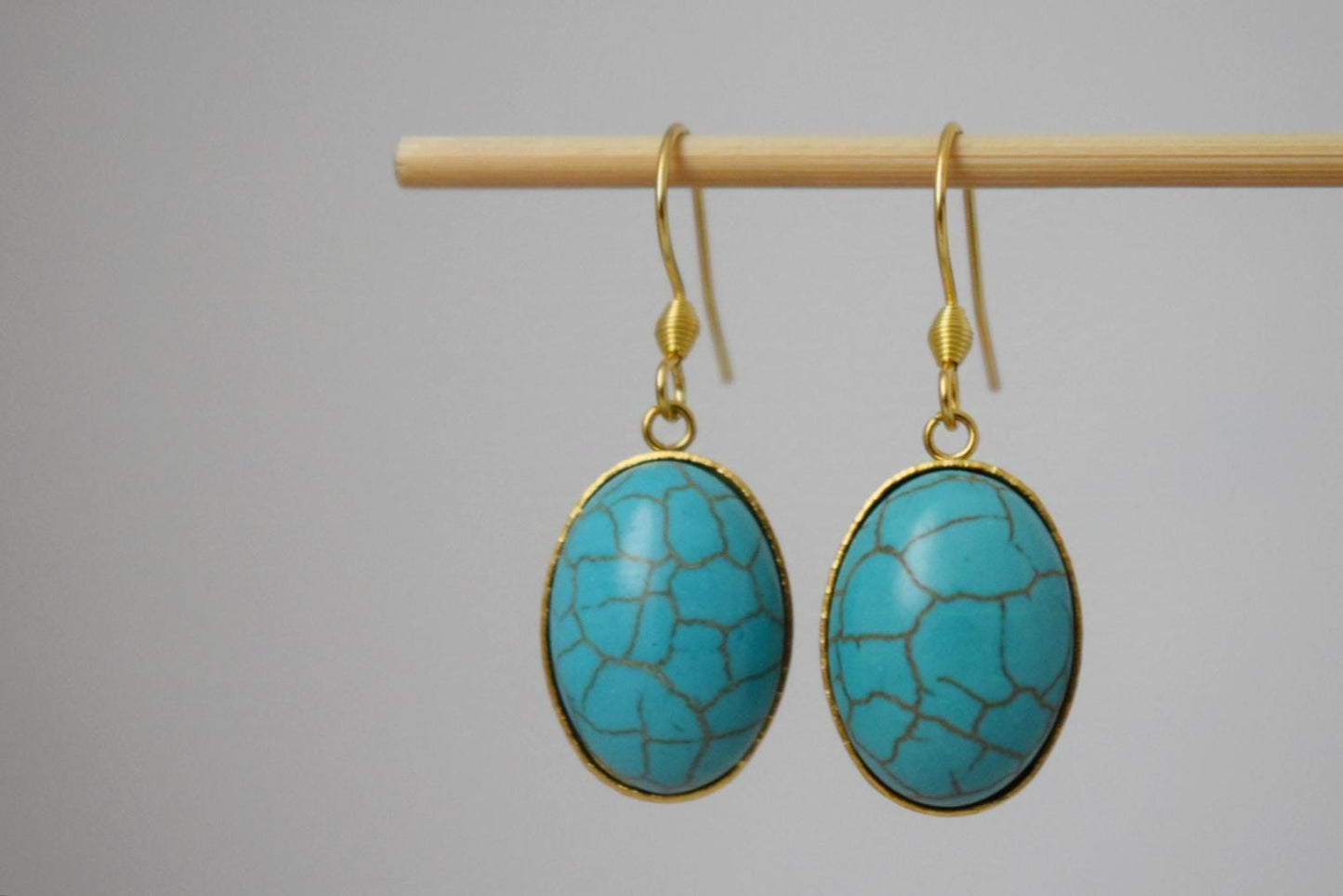Turquoise Earrings Gold, Oval Blue Gemstone Hangings, Boho Dangle Earrings For Women, Unique Jewelry, Best Gift For Her