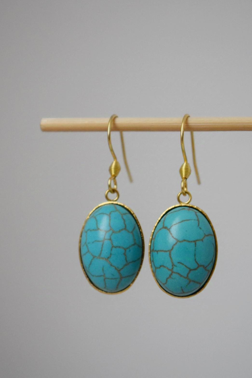 Turquoise Earrings Gold, Oval Blue Gemstone Hangings, Boho Dangle Earrings For Women, Unique Jewelry, Best Gift For Her
