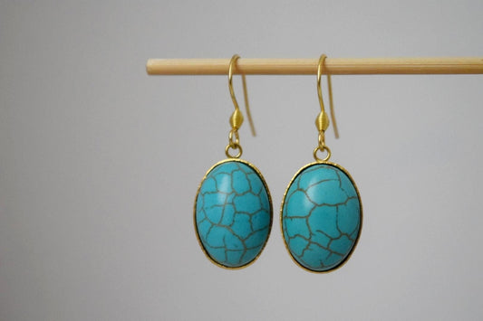 Turquoise Earrings Gold, Oval Blue Gemstone Hangings, Boho Dangle Earrings For Women, Unique Jewelry, Best Gift For Her