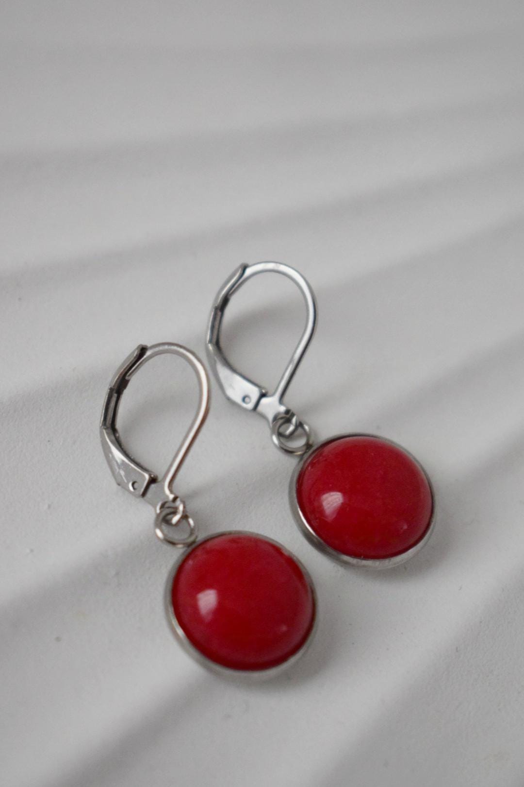 Red jade earrings, Gemstone pendant huggie earrings, Lever back stone hoops, Boho jewelry, Gift for women, Best mother's day gift