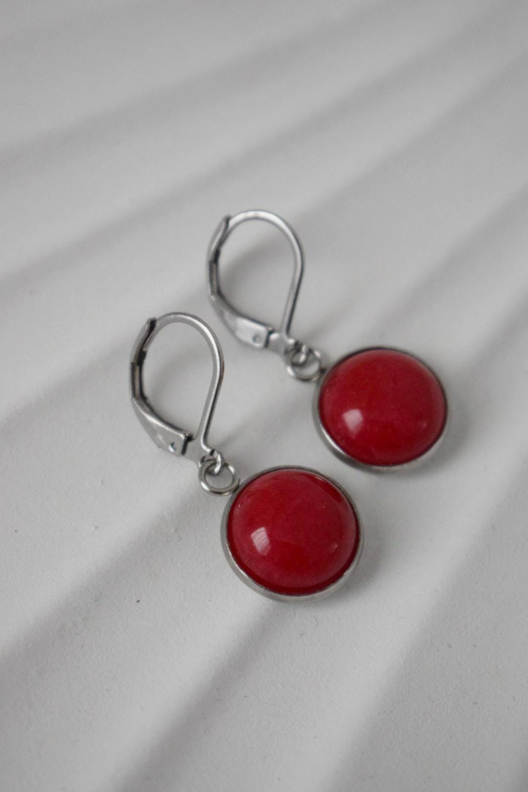 Red jade earrings, Gemstone pendant huggie earrings, Lever back stone hoops, Boho jewelry, Gift for women, Best mother's day gift