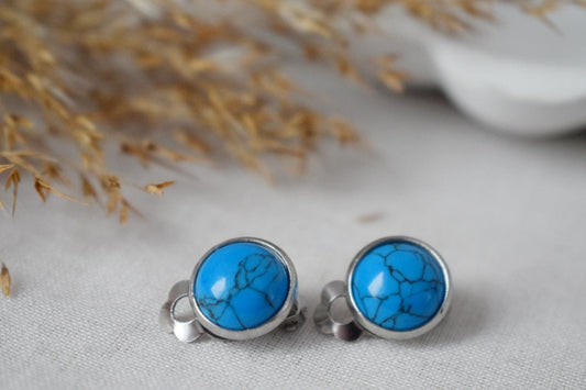 Clip on earrings turquoise, Blue gemstone ear clips, No hole earrings, Surgical stainless steel, Non pierced earrings, Jewelry Gift