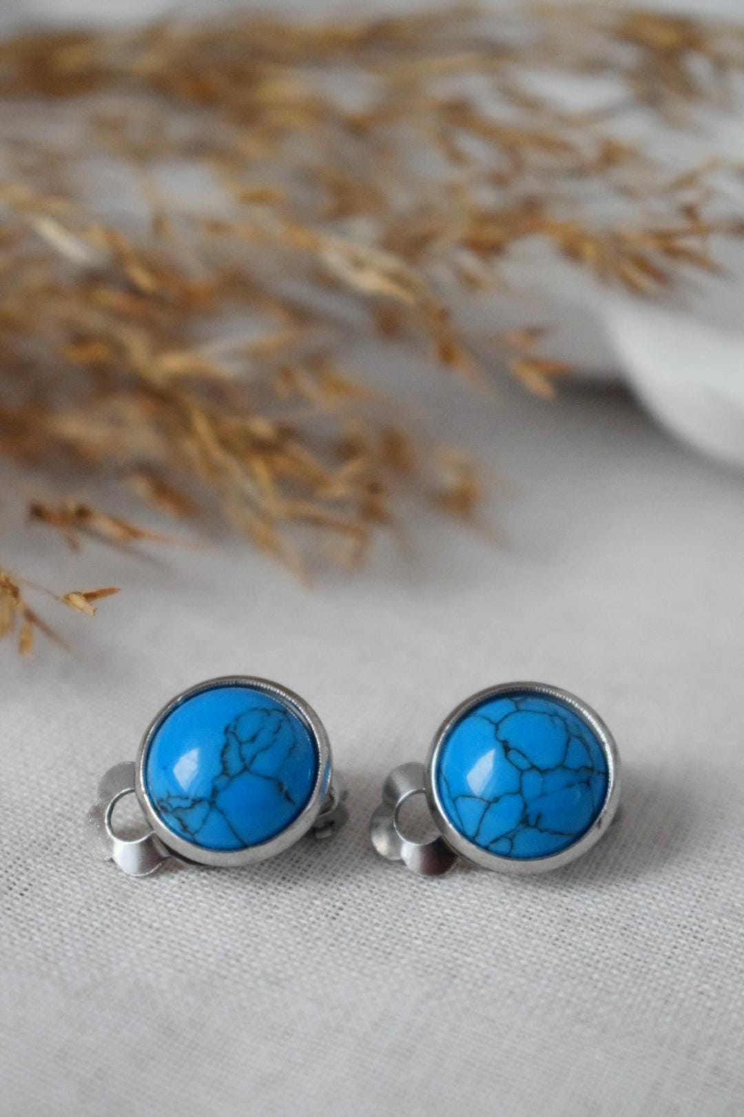 Clip on earrings turquoise, Blue gemstone ear clips, No hole earrings, Surgical stainless steel, Non pierced earrings, Jewelry Gift