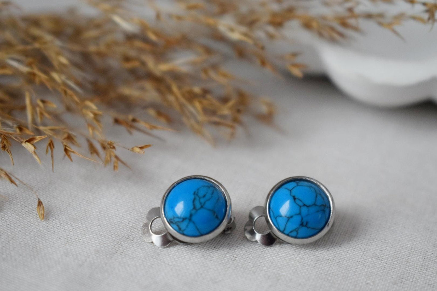 Clip on earrings turquoise, Blue gemstone ear clips, No hole earrings, Surgical stainless steel, Non pierced earrings, Jewelry Gift