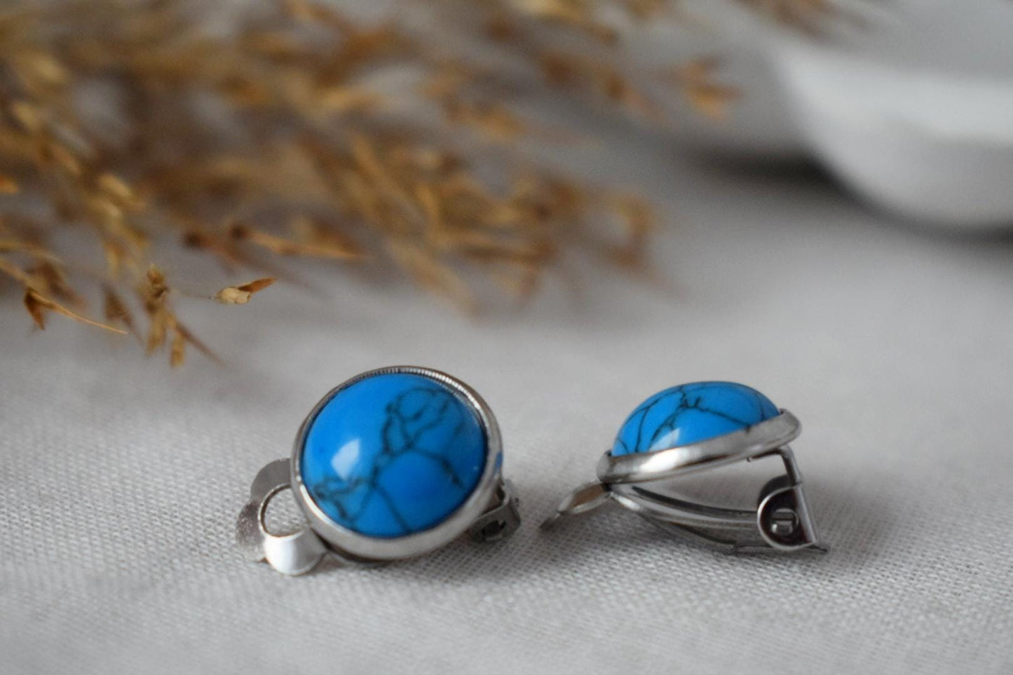 Clip on earrings turquoise, Blue gemstone ear clips, No hole earrings, Surgical stainless steel, Non pierced earrings, Jewelry Gift