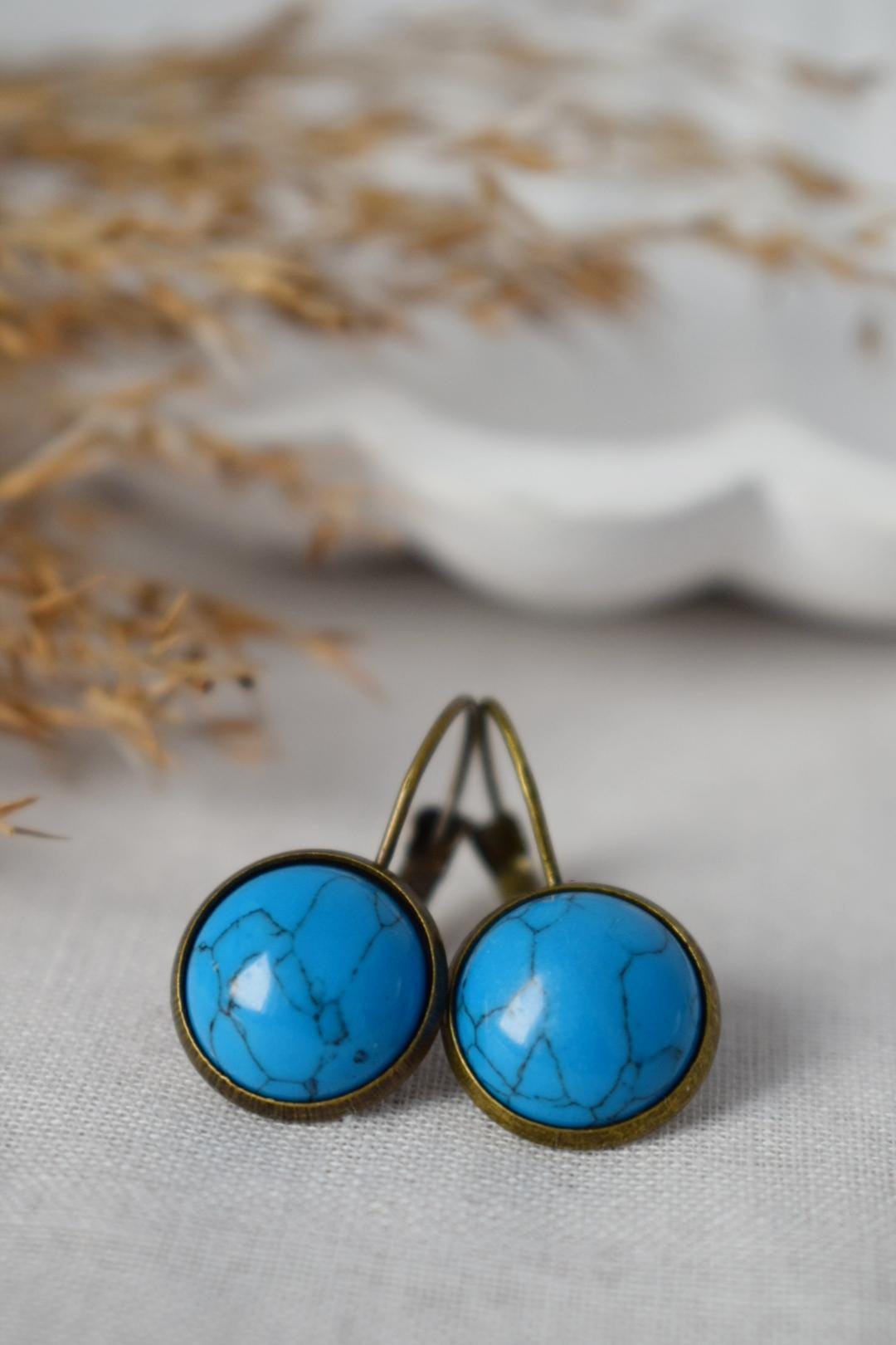 Turquoise vintage earrings, Blue Gemstone dangle earrings, Stone, Antique bronze, Lever back, Handmade jewelry gift for her