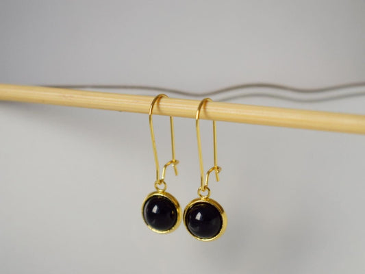 Black agate gold earrings, Black gemstone dangle drop lever back hoop earrings, 10mm black stone hanging earrings, Agate handmade jewelry