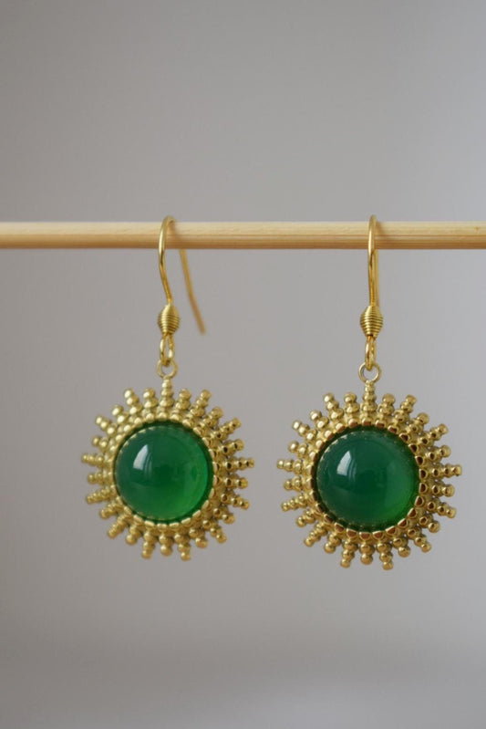 Green agate earrings, Sun rays dangling earrings, Sunburst, Gemstone earrings, Celestial jewelry, Gift for her