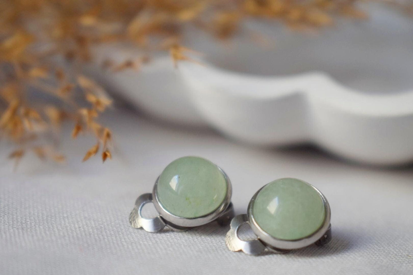 Green aventurine clip on earrings for women, Small gemstone ear clips, Surgical stainless steel, Natural stone, Non pierced jewelry, Gift