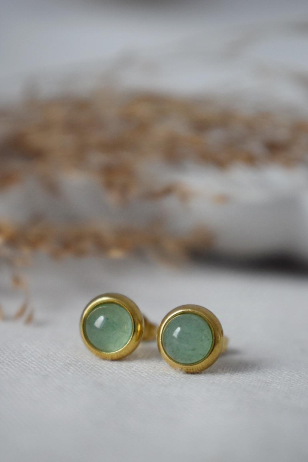 Mini Green Aventurine Stud Earrings, Gemstone Small Earrings, Gold plated stainless steel, Minimalist Birthstone Jewelry, Gift for her