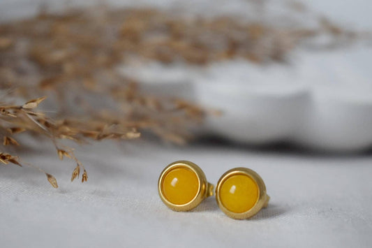 Mini Yellow Jade Stud Earrings, Small gemstone push back earrings, Everyday post earrings, Gold yellow stone, Minimalist jewelry gift women